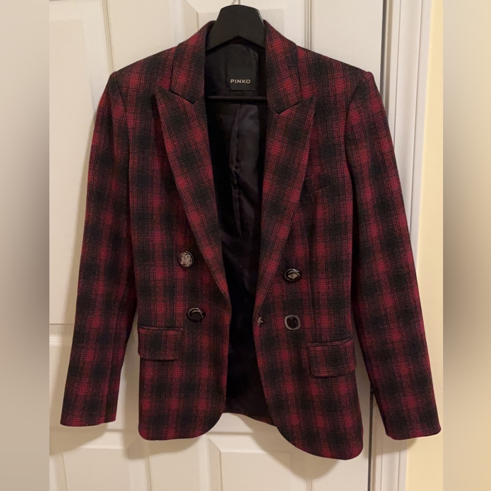 Red and black plaid checked Pinko blazer size 2 - Picture 2 of 5
